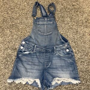 SO Denim Overalls Girl’s Size 14 Pockets Blue Jeans Shorts Side Lace Trim